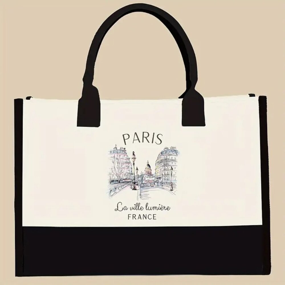 ๐ผ Paris France Cityscape Print Canvas Tote Bag Large Travel Bag Elegant ๐ - Picture 2 of 5